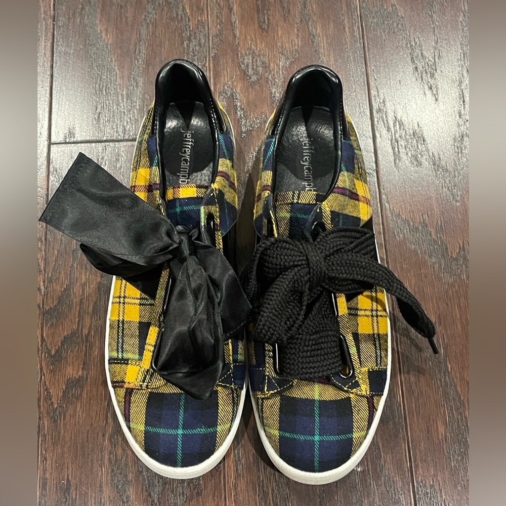 Jeffrey Campbell Pabst Low Top Sneakers 9.5 M Black Yellow Plaid Checkered